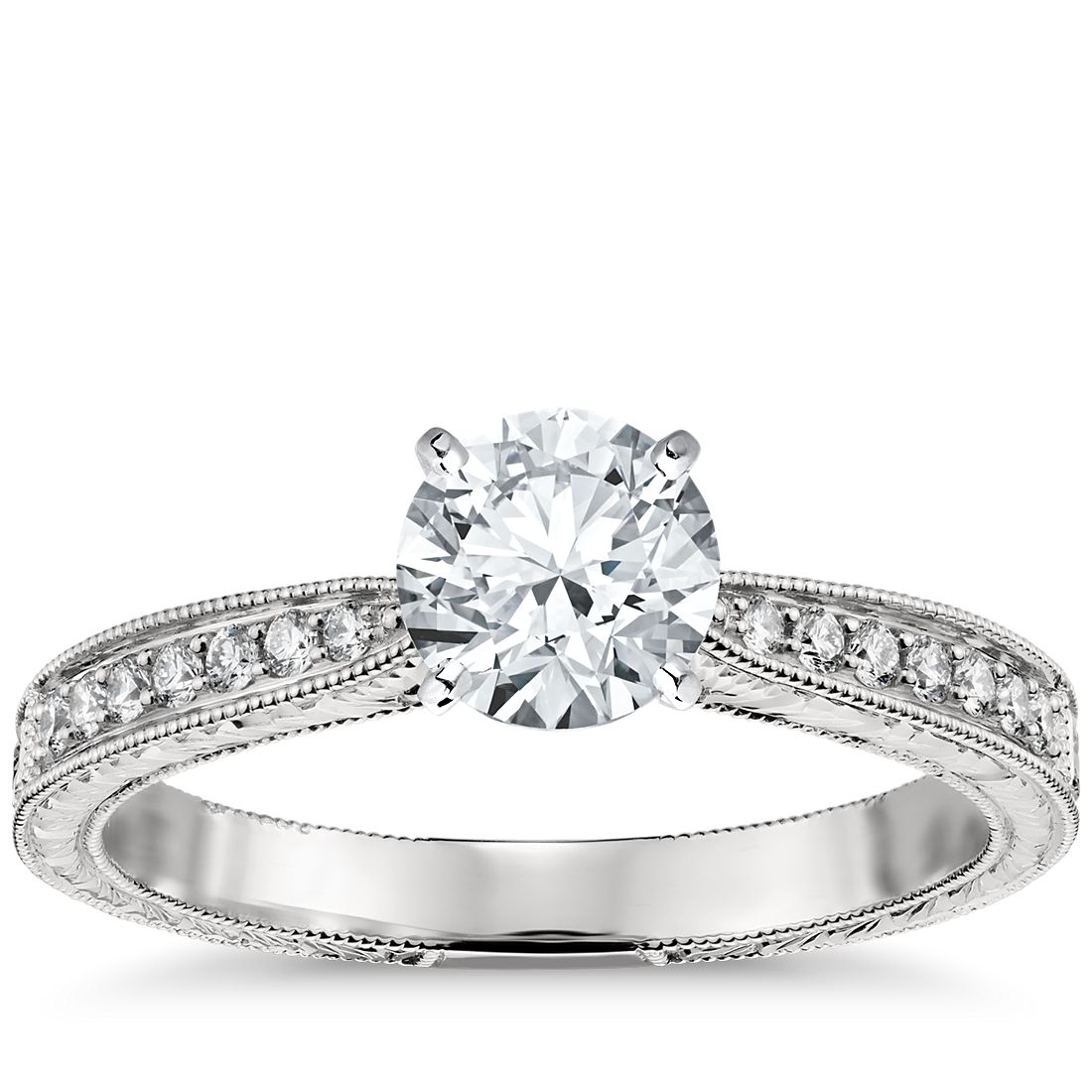 HandEngraved Micropavé Diamond Engagement Ring in Platinum (1/6 ct. tw
